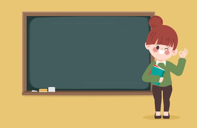 Free vector hand drawn cartoon teacher teaching at blackboard in the classroom background.