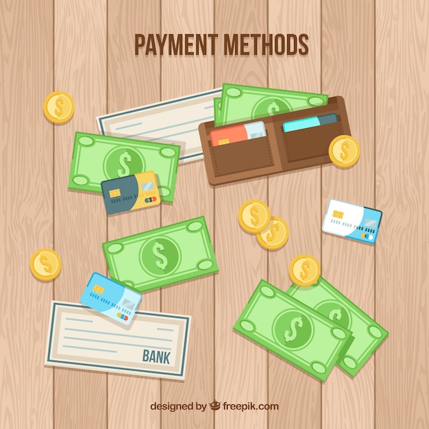 Hand drawn cash, credit cards and cheques