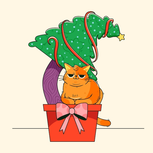 Vettore gratuito illustrazione del fumetto del gatto disegnato a mano per la celebrazione della stagione natalizia