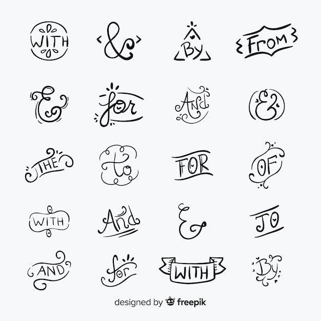 Free vector hand drawn catchword prepositions collection isolated: and, with, for, to