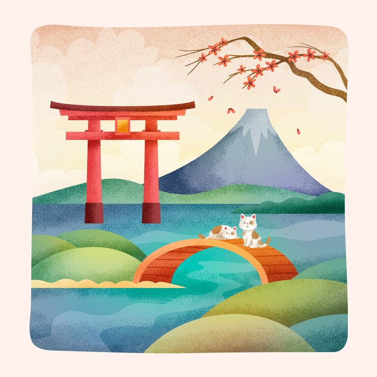 Free Vector hand drawn cats in japan illustration
