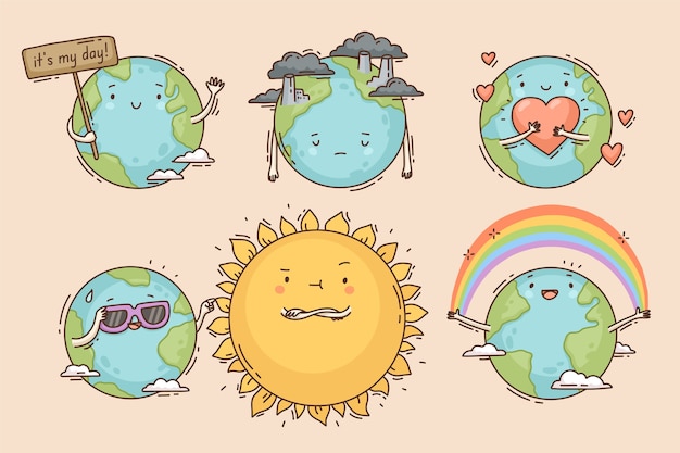 Free vector hand drawn character elements collection for earth day celebration