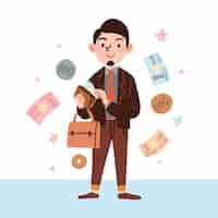 Free vector hand drawn character holding a bag of coins