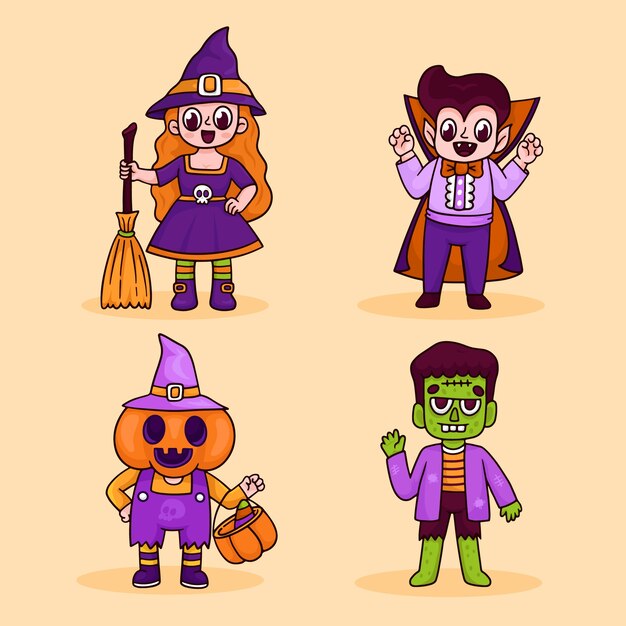 ハロウィーンの季節のお祝いのための手描きのキャラクターイラスト集