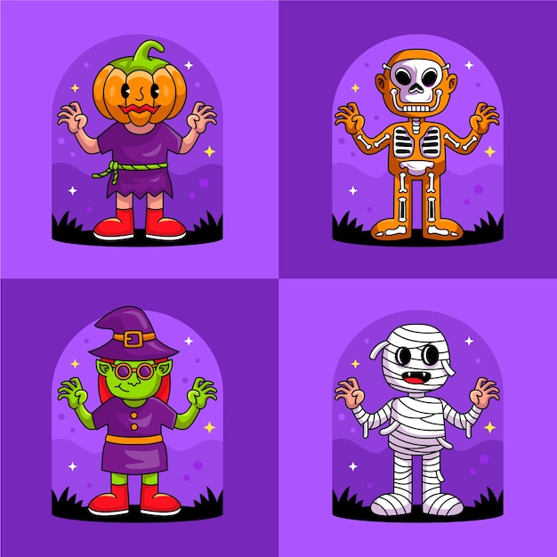 Free vector hand drawn characters illustration for halloween celebration