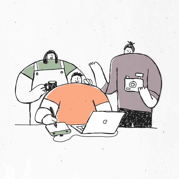 Бесплатное векторное изображение Рисованные персонажи с камерой, чашкой кофе и ноутбуком