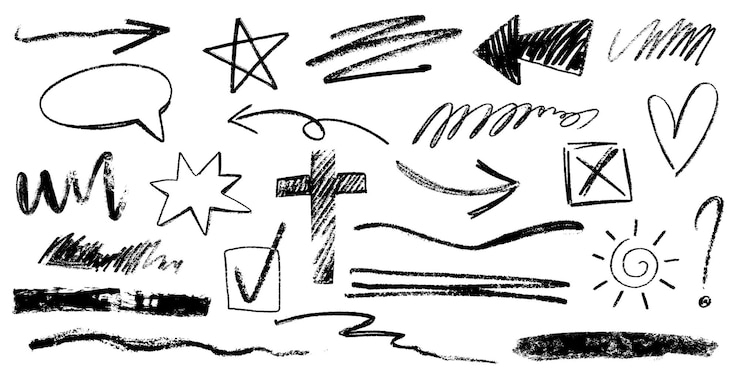 Free Vector hand drawn charcoal pencil rough line symbol or scribble set different squiggles black strokes stars