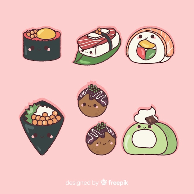 Free vector hand drawn charming sushi collection