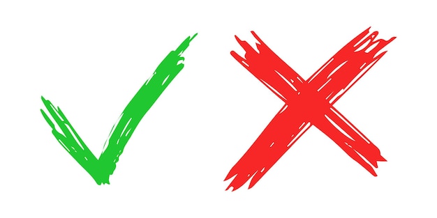 Ручной обращается элементы проверки и крест знак, изолированные на белом фоне. гранж каракули зеленая галочка ок и красные значки x. векторная иллюстрация