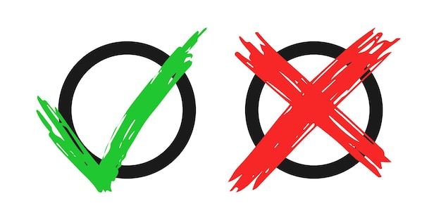 手描き​の​チェック​と​白い​背景​で​隔離​の​クロス​サイン​要素​。​グランジ​落書き​緑​の​チェック​マーク​ok​と​黒丸​アイコン​の​赤​x​。​ベクトル​イラスト