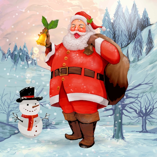 Hand drawn cheerful santa claus carrying a presents sack