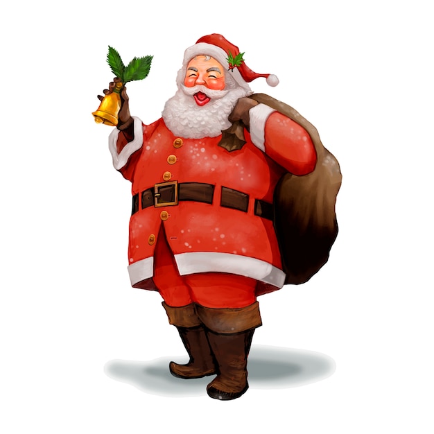 Рисованный веселый Санта-Клаус, несущий подарок мешок