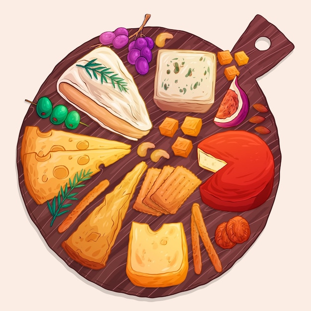 Vettore gratuito illustrazione disegnata a mano del vassoio dei formaggi