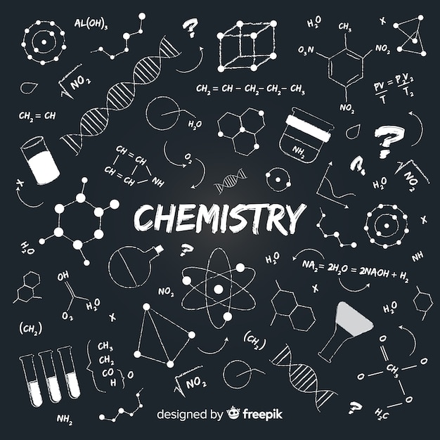 Free vector hand drawn chemistry background on blackboard