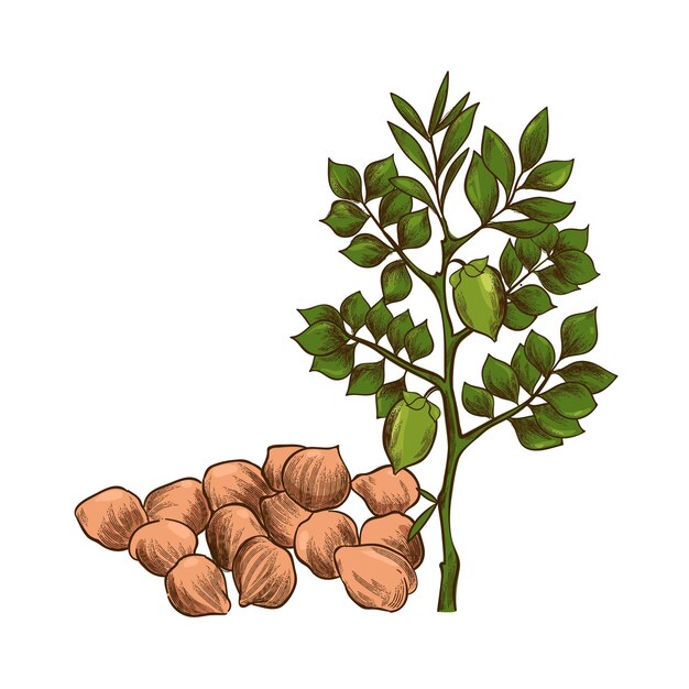 Нарисованная рукой иллюстрация растений нута и фасоли