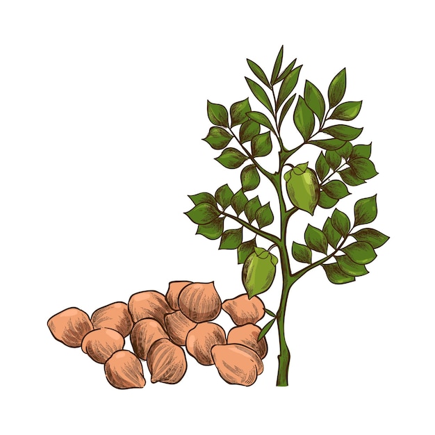 Hand drawn chickpea beans and plant illustration