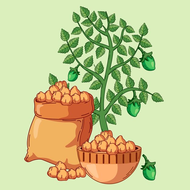 Hand drawn chickpea beans and plant