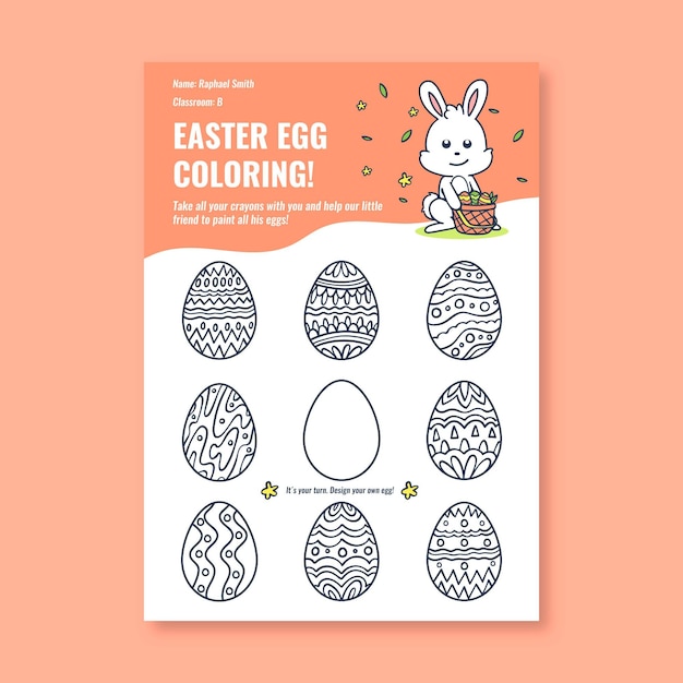 Free vector hand drawn child-like coloring by numbers easter worksheet template