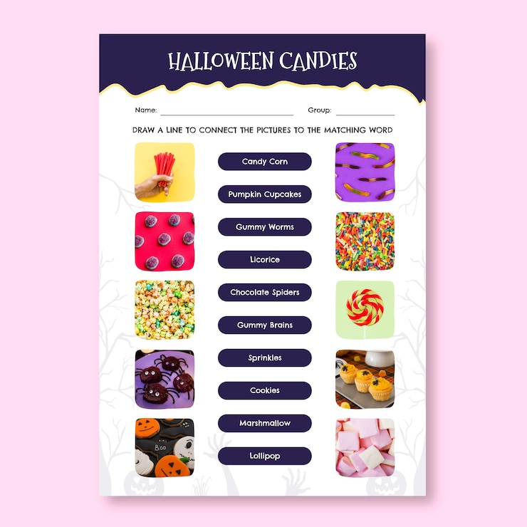 Free Vector hand drawn child-like halloween candies match quiz worksheet