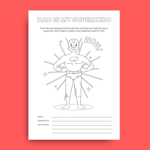 Ручной обращается детский рабочий лист супергероя на день отца