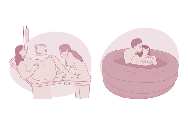 Free vector hand drawn childbirth scenes