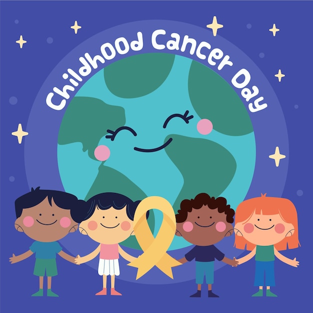 Free vector hand-drawn childhood cancer day illustration with planet and children smiling and holding hands