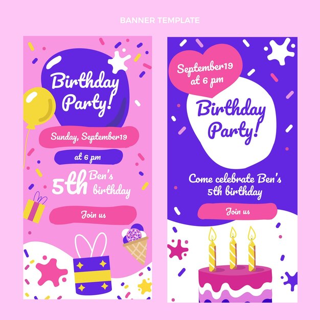 Hand drawn childlike birthday banners vertical