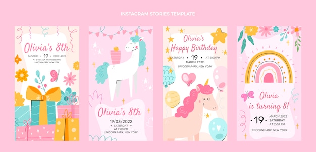 Free vector hand drawn childlike birthday instagram stories