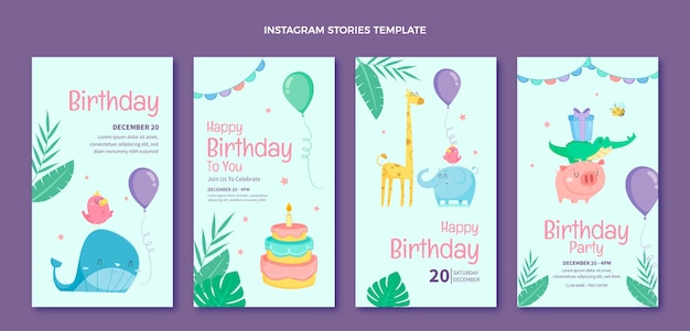 Free vector hand drawn childlike birthday instagram stories