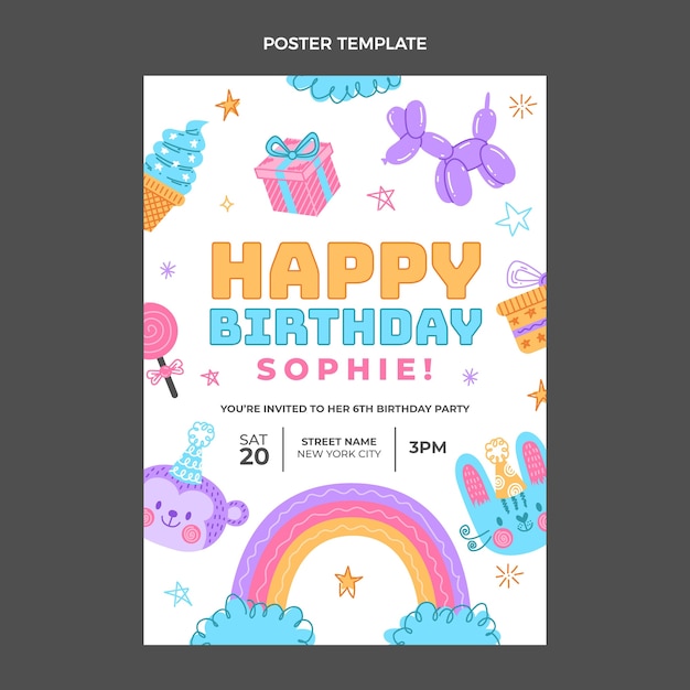 hand drawn childlike birthday poster template