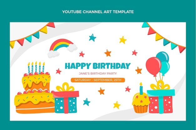 Vettore gratuito canale youtube di compleanno infantile disegnato a mano