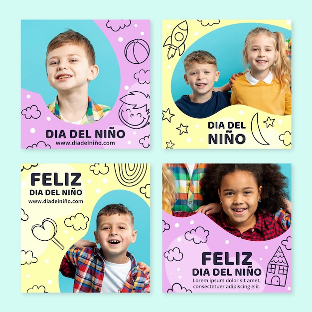 無料ベクター スペイン語で手描きの子供の日のinstagramの投稿コレクション