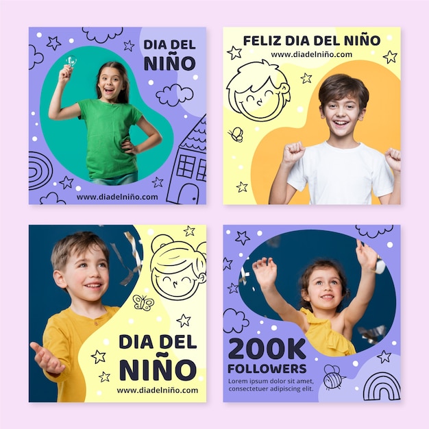 Hand drawn children's day instagram posts collection in spanish