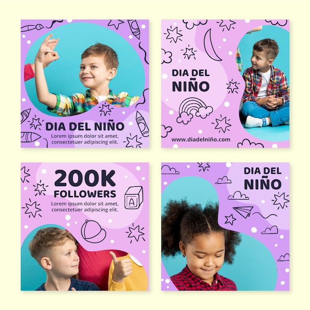 Hand drawn children's day instagram posts collection in spanish