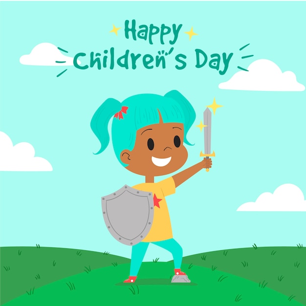 Hand drawn children's day with girl having a toy sword and shield