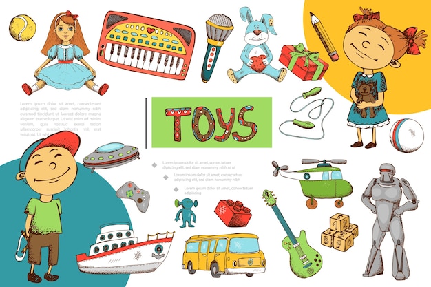 Hand drawn children toys composition 