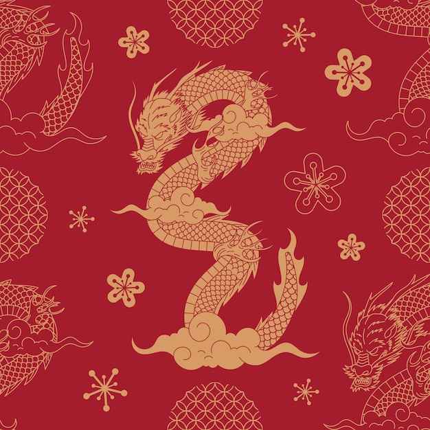 無料ベクター 手描きの中国のドラゴンのパターン