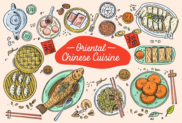 Hand drawn chinese food