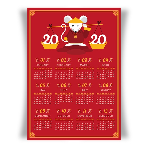 Calendario cinese disegnato a mano di nuovo anno