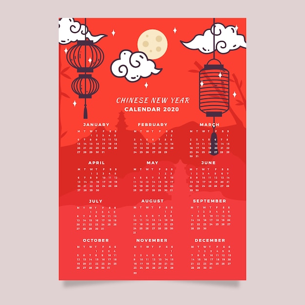 Vettore gratuito calendario cinese disegnato a mano di nuovo anno