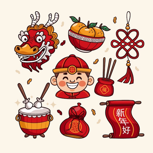 Free vector hand drawn chinese new year elements collection