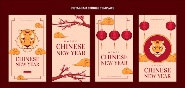 Vettore gratuito collezione di storie di instagram di capodanno cinese disegnata a mano