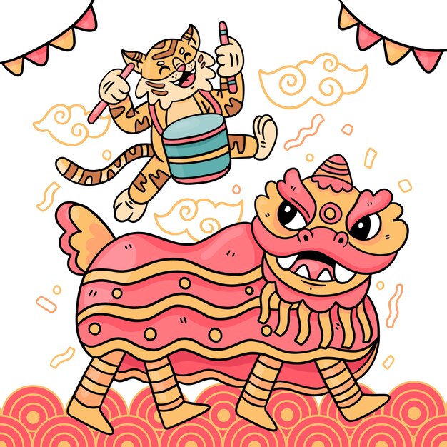 Hand drawn chinese new year lion dance illustration