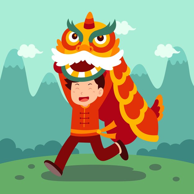 hand drawn chinese new year lion dance illustration