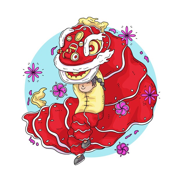 Hand drawn chinese new year lion dance illustration