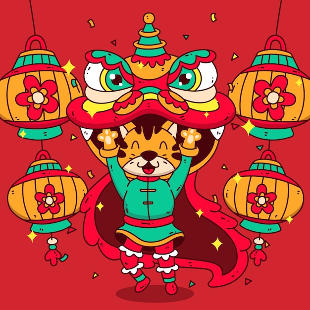 Illustrazione disegnata a mano di danza del leone del nuovo anno cinese