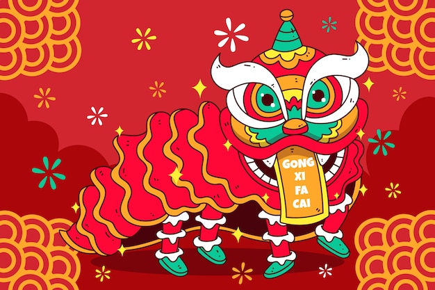 Hand drawn chinese new year lion dance illustration