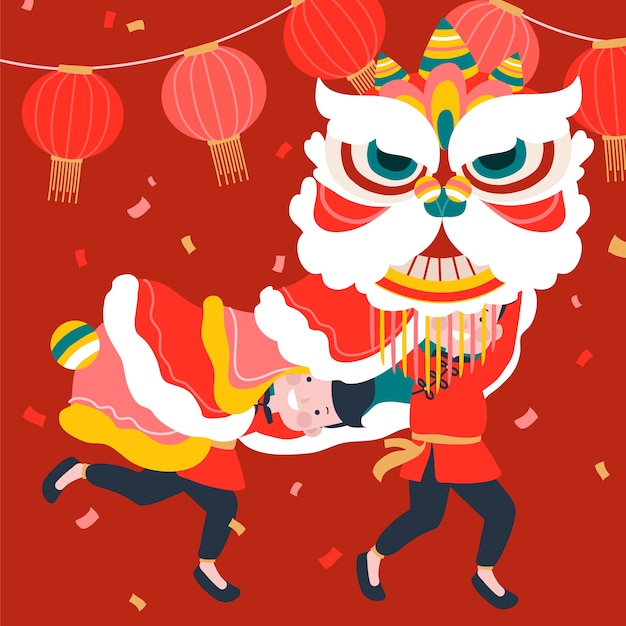 손으로 그린 중국 설날 사자 춤 그림