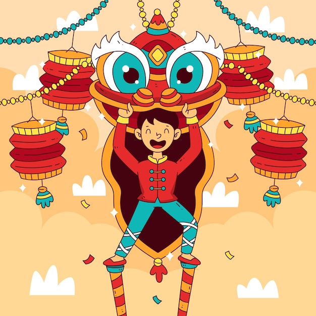 Hand drawn chinese new year lion dance illustration