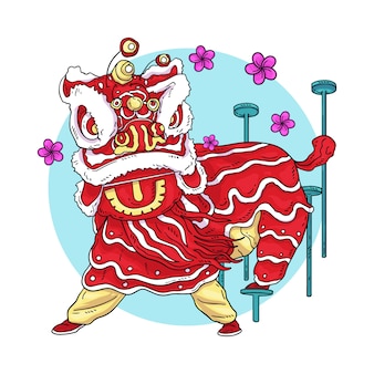 Hand drawn chinese new year lion dance illustration